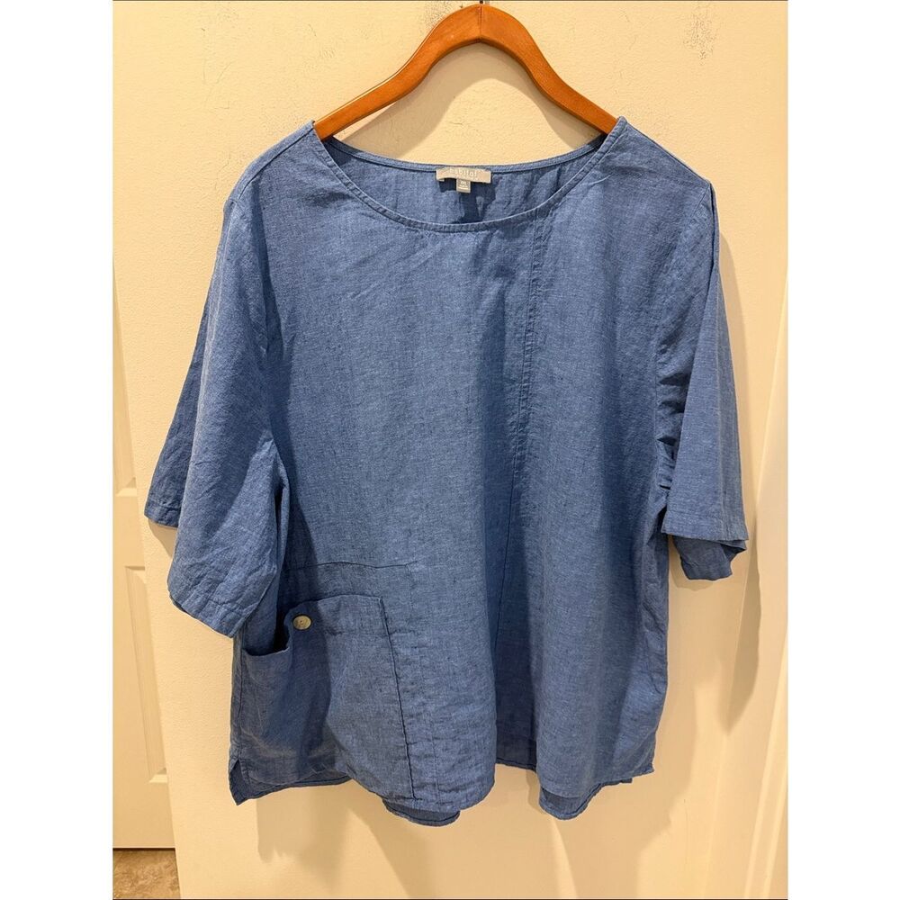 Habitat Light Blue Linen-Blend Pocket Tunic minimalist short sleeve size XXL
